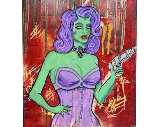 Signed Rotten Russ Alien Babe Pin Up Mixed Media