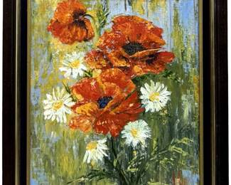 Signed M. Hutson Stylized Floral Oil on Panel