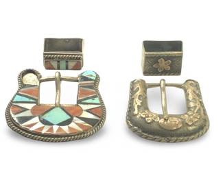 2 Native American Silver Turquoise Inlay Buckles