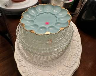 Vintage glass, platters, fire king, deviled egg server, and more