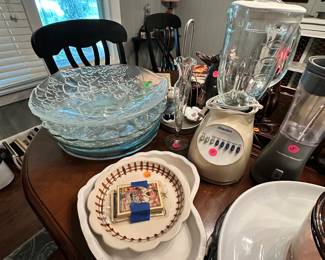 Blender, glassware, bowls, platters