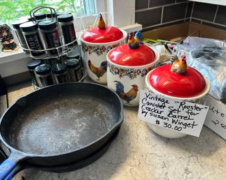 Cast iron pans and cracker Barrel rooster canister set