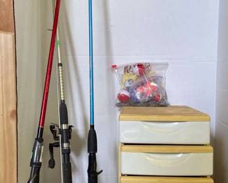 3 RiverStream Fishing Poles With Tackle Box Full Of Lures Hooks