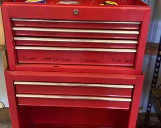Red Rolling Toolbox With Miscellaneous Hand Tools