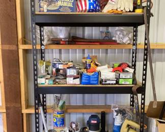 Ryobi Propane Tank And Miscellaneous Tools Supplies With Shelving Rack