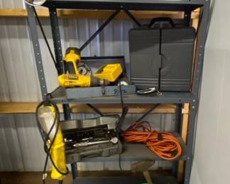 Metal Storage Shelf With DeWalt Drill Charger Screws Bolts Wrenches Socket Wrenches And More