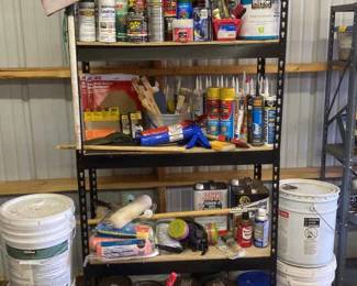 Spray Paint House Paint Gas Cans Primer Liquid Nails Sandpaper And Shelving Unit