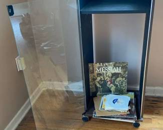 Vintage Vinyl Records With Rolling Record Stand Holder