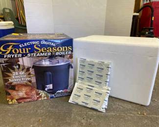 Brand New In Box Electric Digital Four Seasons Crab Boiler And Thermosafe Styrofoam Cooler