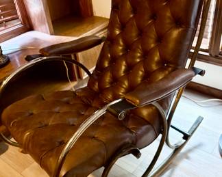 Mid-Century Lee L. Woodard Tufted Leather and Brass Rocking Chair