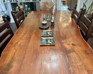 LOVE this dining room table with 6 matching chairs, two arm chairs with cow hide backs can be sold separately
