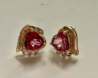 Pretty pink heart and diamond earrings in 10k gold
