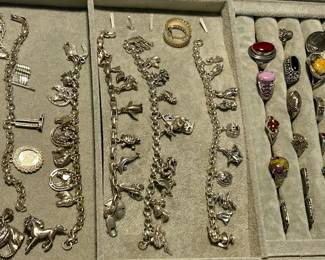 sterling silver rigns and charm bracelets, equestrian theme pendants