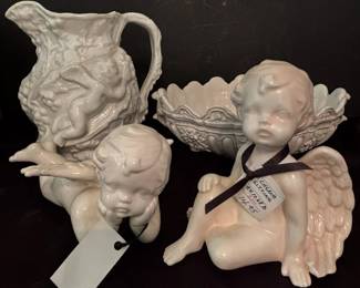 Antique Angels Cherub Pitcher Italian Bowl And Angel Figures