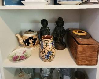 Three Shelves of Collectibles Liberty Blue Dishware Jim Beam Political Bottles Silverplate More