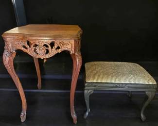 French Provincial Style Side Table And Upholstered Foot Stool