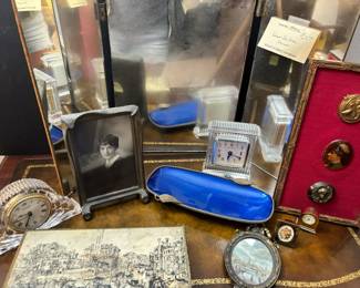 Vintage Vanity Trifold Mirror Enamel Dish Wood Box Framed Medallions And More
