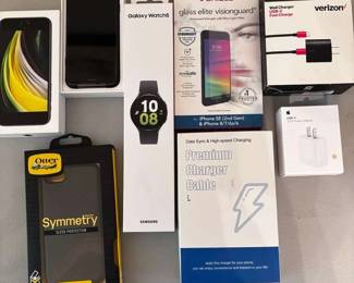 Samsung Galaxy Watch NIB iPhone SE NIB Charging Cables Phone Case and More