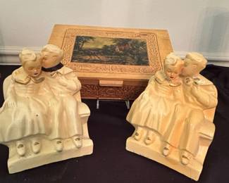 Chalkware Bookends Wooden Box With Rural Inlaid Image