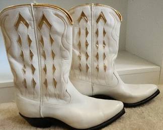 Acme White Leather Cowboy Boots with Gold Detail