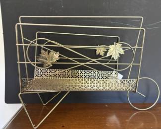 Mid Century Goldtone Metal Wheel Barrel Magazine Rack