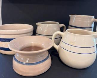 Vintage Stoneware Pitchers Spittoon and Crock with Blue Stripe
