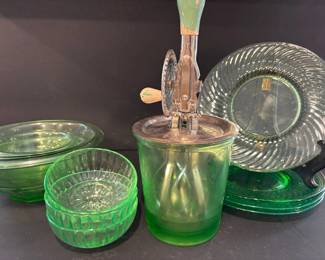 Vaseline Glass Rotary Hand Mixer Small Bowls And Other Green Depression Glass