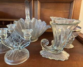 Glass Feqther Basket Horn Of Plenty And Herringbone Iris Candleholders
