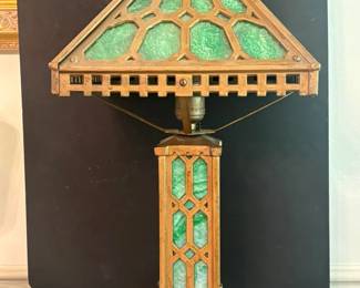 Bradley And Hubbard Style Metal And Slag Glass Lamp