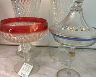 Ruby Red Diamond Cut Glass Candy Dish Vase and Others