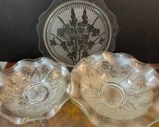 Janette Glass Herringone Iris Serving Plates And Ruffle Bowls