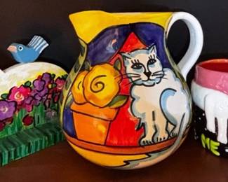The Cellar Hand Painted Cat Pitcher Signed Wood Painted Cat Decor and More
