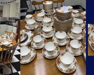 37. Hard Rock Maple Dining Table, 6 Chairs with service of 12 Old Country Rose by Royal Albert.