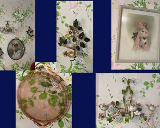 19. Formal Dining Room Wall: Victorian Prints, Italian Tole, Child with Teddy & Pup, Pink Depression Glass Handle Tray and Tole Wall Sconces.