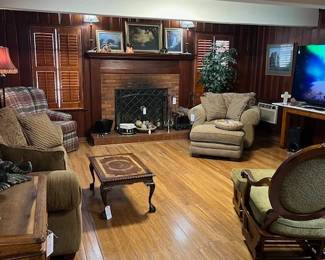 2. Family Room - Chairs, ottoman, Chippendale Style painted coffee table.  Paintings & Prints.