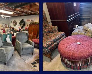 68b. Garage Furniture: Pair Gray Chairs, red stool and other Garage Furniture.