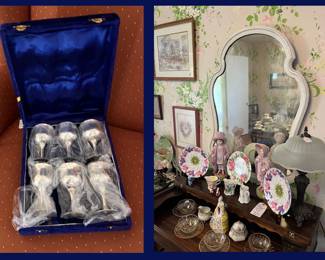 20. Silver Plate Goblets & Large Antique Frame White Mirror