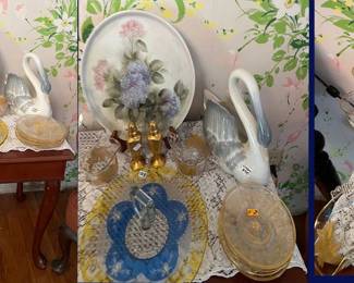 17. Small Table with Lladro Swan, Gold trimmed glass, handle tray, Hand-painted plate.