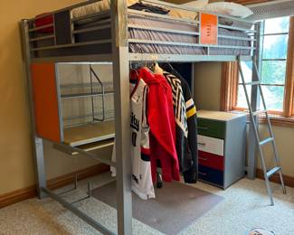 bunk bed with desk underneath; locker style