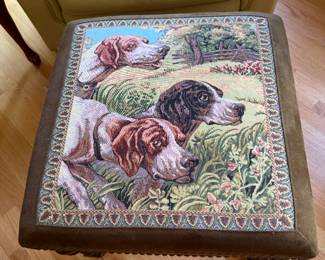 Studded footstool with tapestry top