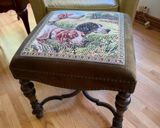 Studded footstool with tapestry top