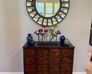 Mirror, Pottery Barn Chest, Glass Vases and Art