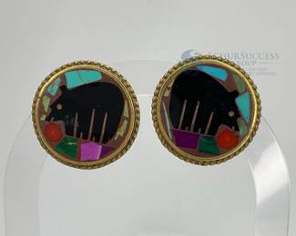 Vintage Turquoise and Onyx Inlay Clip Earrings