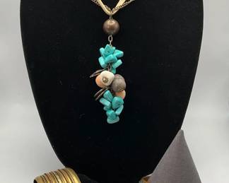 Turquoise Necklace, Gold Cuff, Silver Bangle