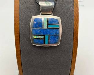 Sterling Silver Pendant Necklace with Lapis Lazuli and Turquoise Inlay