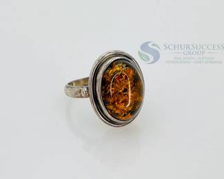 Antique Silver Nickel Ring with Oval Amber Stone