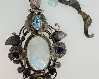 Ornate Sterling Silver Pendant with Topaz, Amethyst and Moonstone
