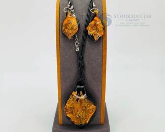 Fuga Murano Jewelry Set, Amber & Black Glass, Necklace & Earrings