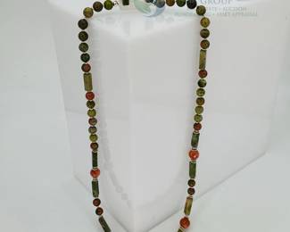 Unakite, Sunstone, andPewter Beaded Necklace with Coordinating Earrings