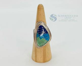 Sterling Silver Ring with Geometric Blue and Green Inlay